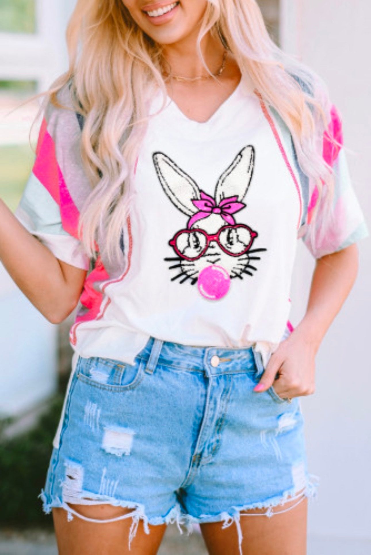 White Easter Bunny Striped Sleeve Loose Tee