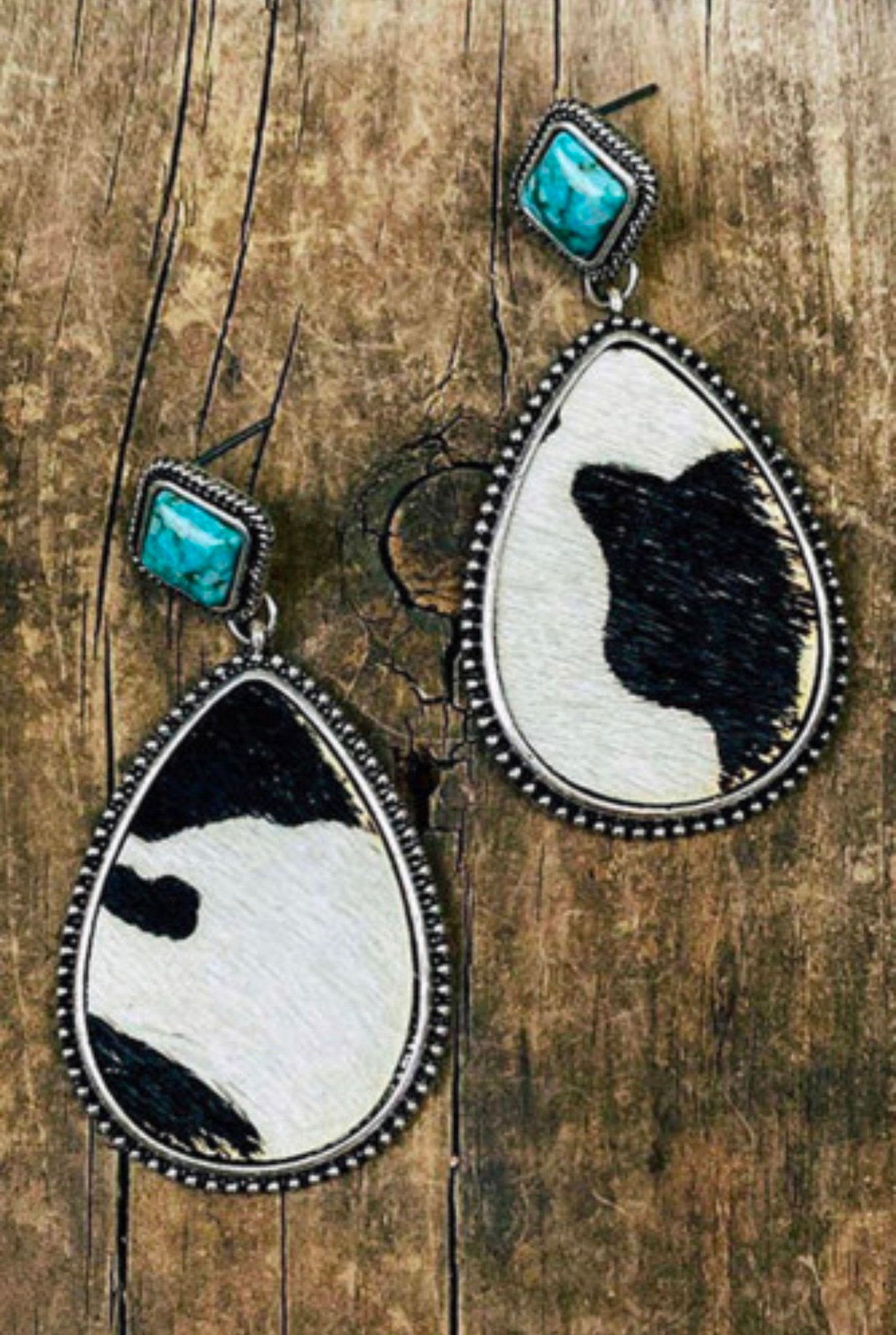 Black Cowprint Turquoise Drop Earrings